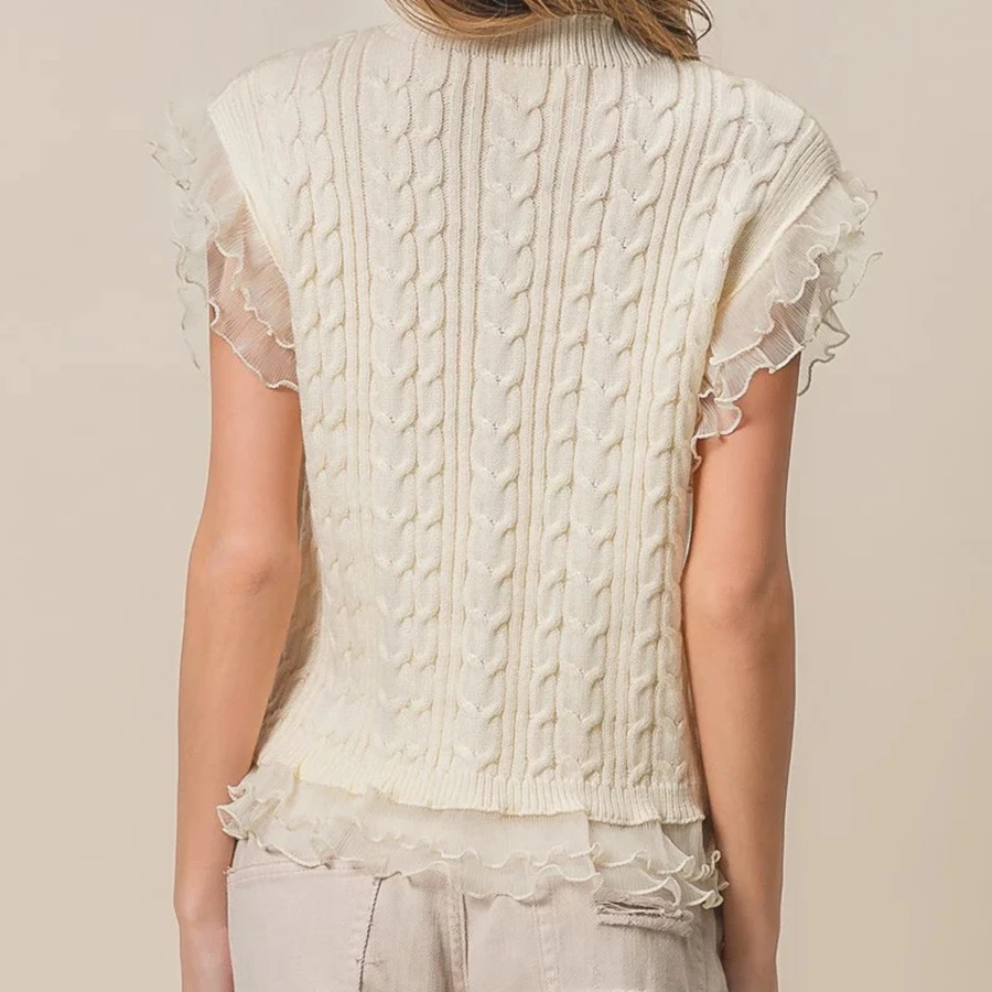 2025 женский осенне-зимний вязаный свитер, жилет, повседневный стильный однотонный вязаный топ без рукавов с рюшами и круглым вырезом