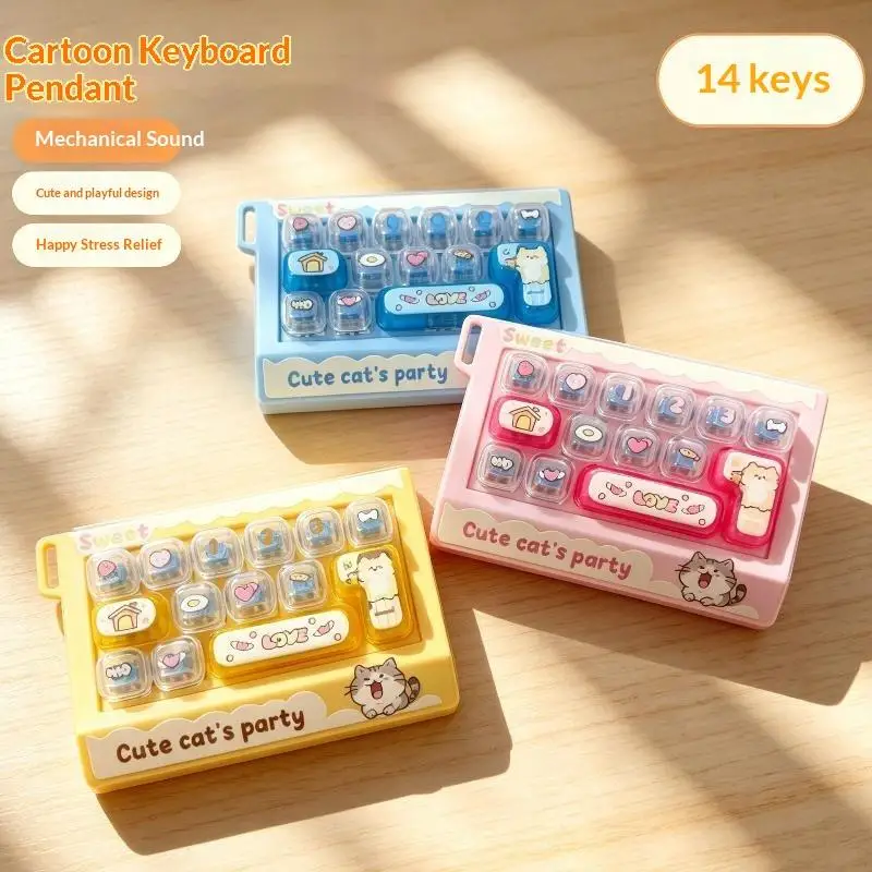 1Pcs Cartoon Animal Cat 14 Grid Stress Relief Keyboard Keycap Keychain For Bags Backpacks Cars Teens Adults Students Gifts