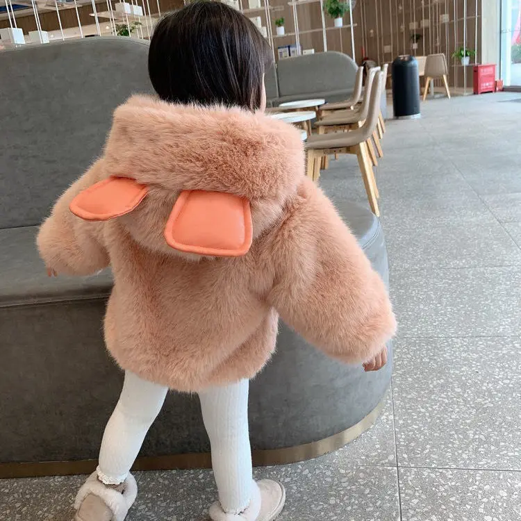 2024 Autumn Winter Baby Girls Faux Fur Jackets Toddler Cute Hooded Coats Kids Thickened Cotton-Padded Outerwear Children Clothing