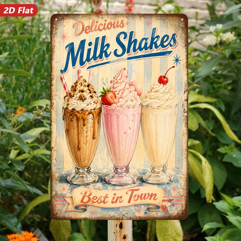 2D Flat, 1pc Metal Sign Wall Art, Retro - Style Milkshake Decorative Painting for Home Decor, with 