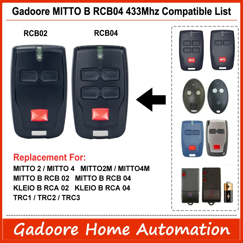 Gadoore Mitto B RCB02 BFT 433Mhz Controle remoto para porta de garagem compatível com frequência 433Mhz BFT Mitto 2 B RCB02 RCB04 Controle de garagem