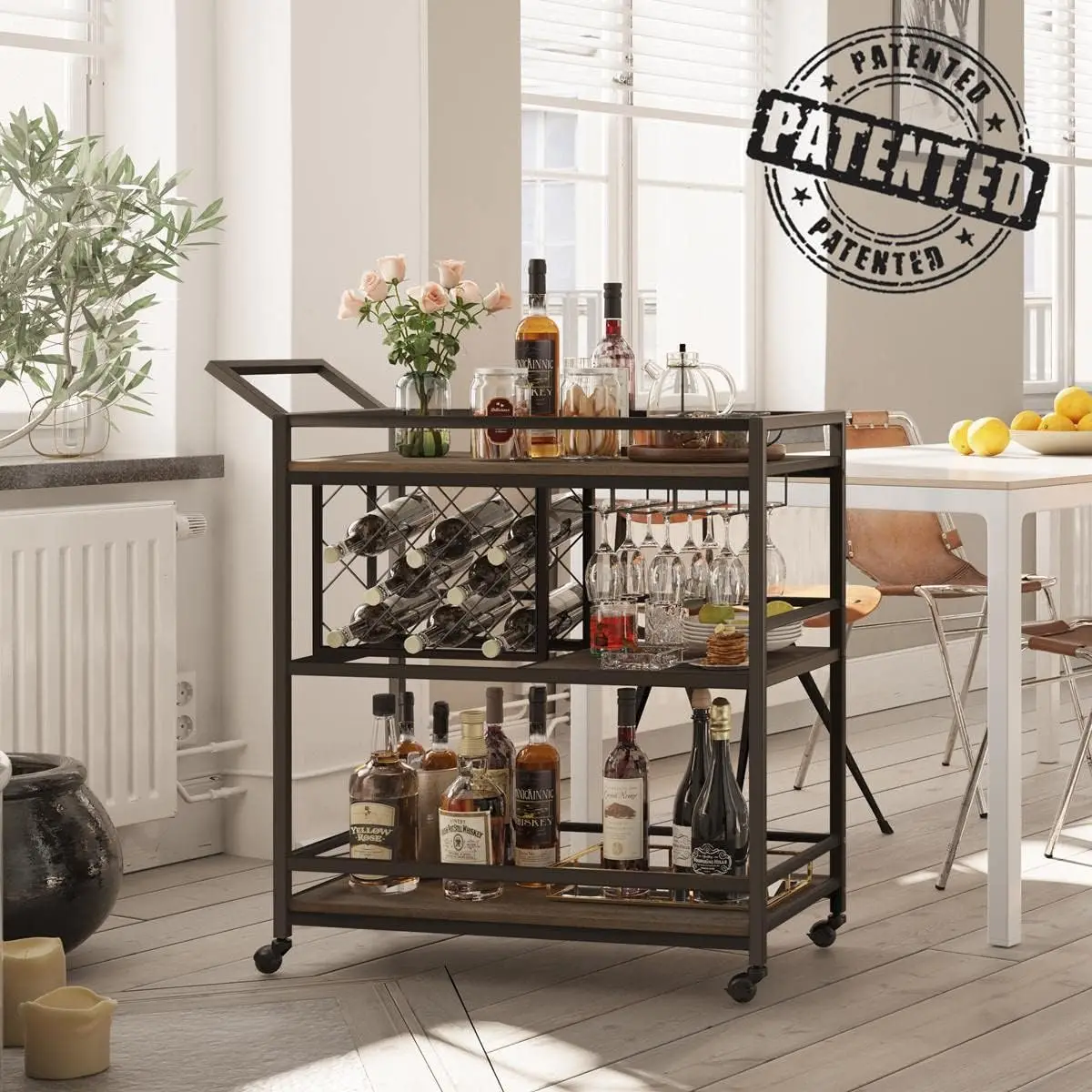 Bar Carts for The Home with Wine Rack and Glasses Holder, Rustic Rolling Serving Cart on Wheels