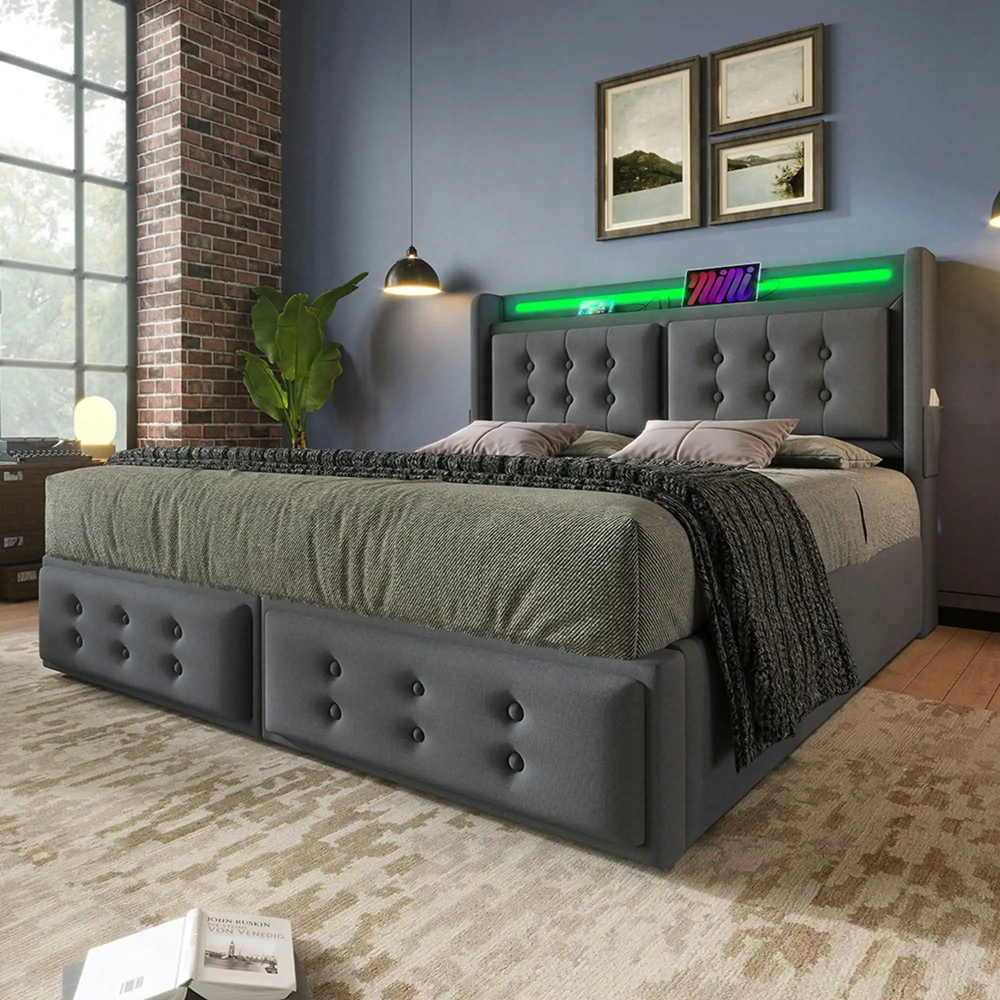 KOMHTOM Doppelbett mit LED und USB-C-Bettgestell, Aufbewahrungstruhe und Kopfteil, gepolstert mit Rahmen 160 x 200 cm, ohne Matratze