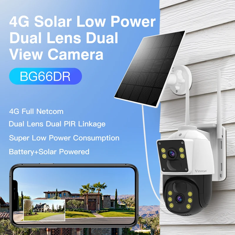 Dual Lens Dual Screen Spotlight Siren AI IP66 Waterproof Cloud/SD Solar Panel Low Power Battery Powered 4G Outdoor Camera