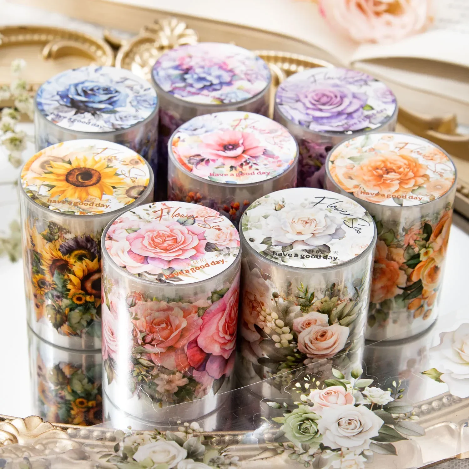 50 mm x 2 m PET-dekoratives Blumenband, selbstklebendes Abdeckband für DIY Scrapbooking, Collage, handgefertigtes Bastelzubehör