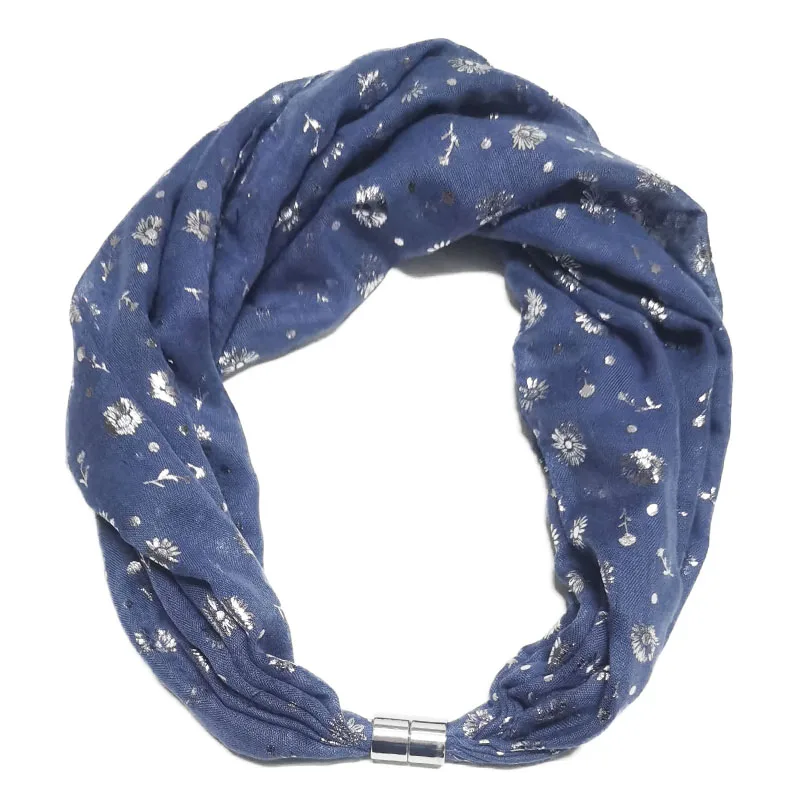 

Women Magnet Buckle Ring Scarf Premium Hot Silver Daisy Dot Print Neckerchief Girl Bohemian Style Accessories Gift