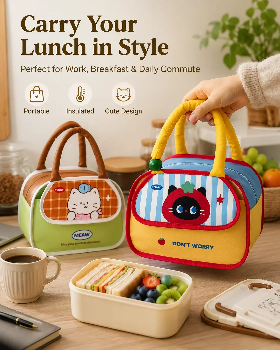 Cute Cartoon Insulated Lunch Tote, Handheld Foil Bento Bag for Students, Office Worker Lunch Carrier