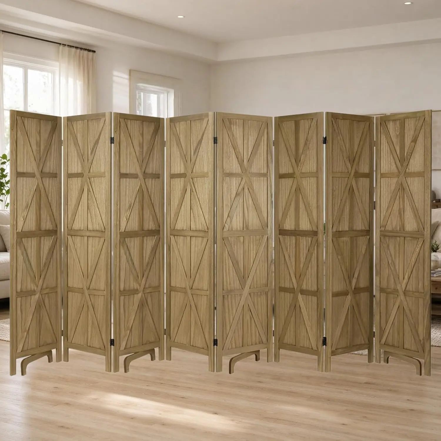 Natural Wood 8-Panel Folding Room Divider, 67-Inch Tall Privacy Screen