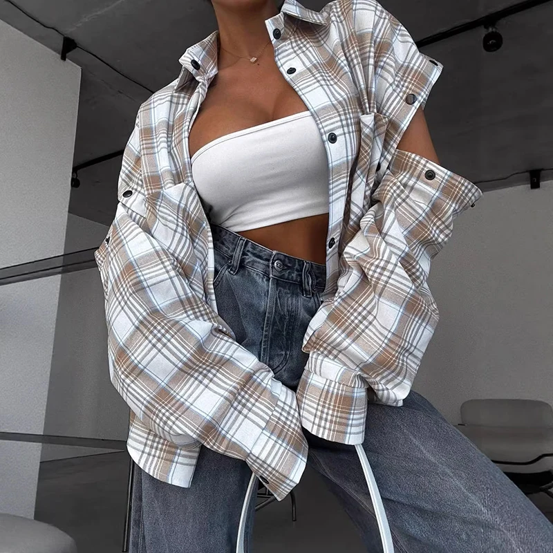 

Women's Plaid Loose Blouses 2026 Spring Summer Oversized T-Shirt Y2K Top American Style Detachable Sleeve Vintage Female Shirt