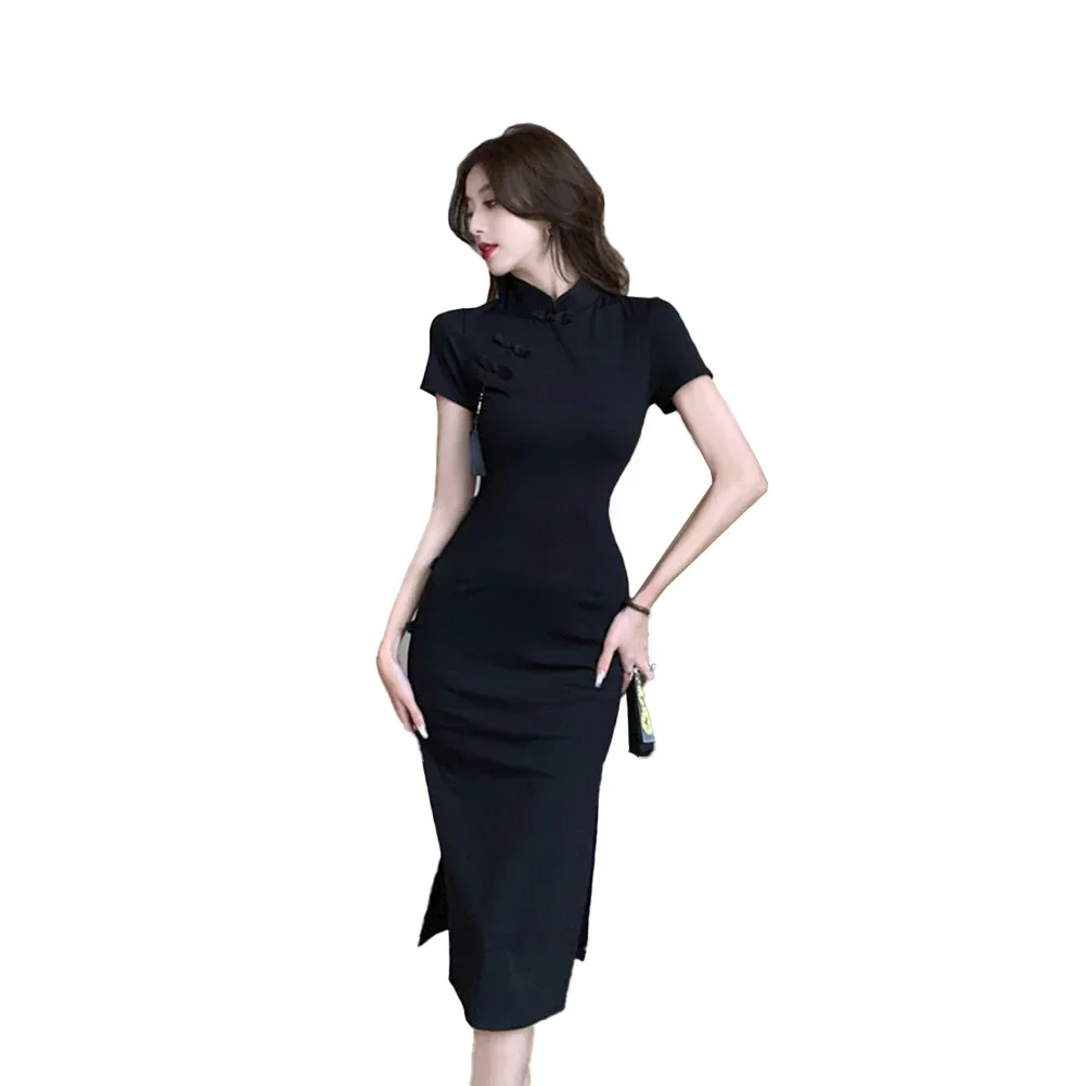 المرأة الرجعية زرر شيونغسام تنورة أزياء الخصر شق الورك ملفوفة اللباس