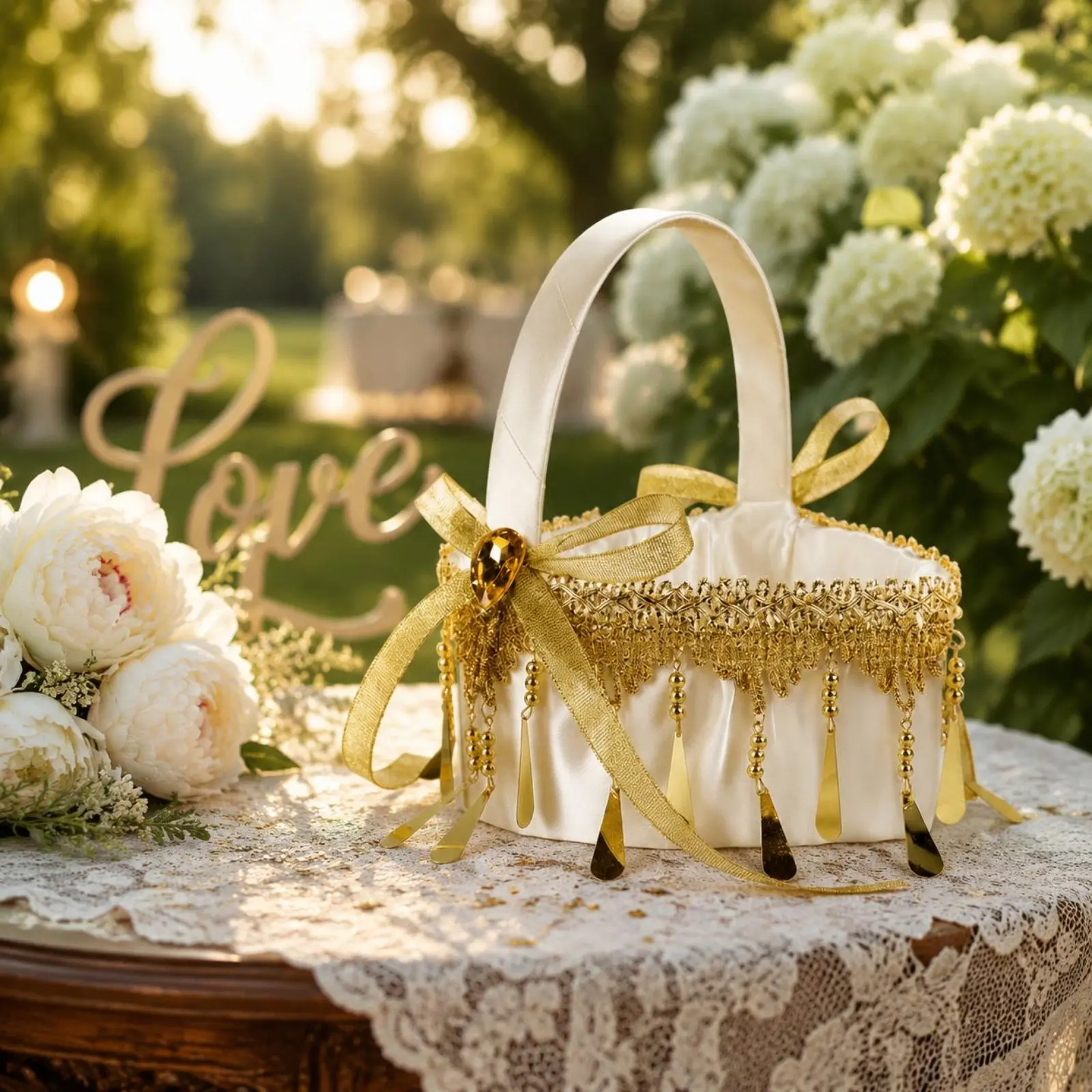 

2 Pieces Flower Girl Basket Luxury Design Gold Tassel Basket Event Accessory Handmade Ribbon Bow for Bride, Bridal Shower