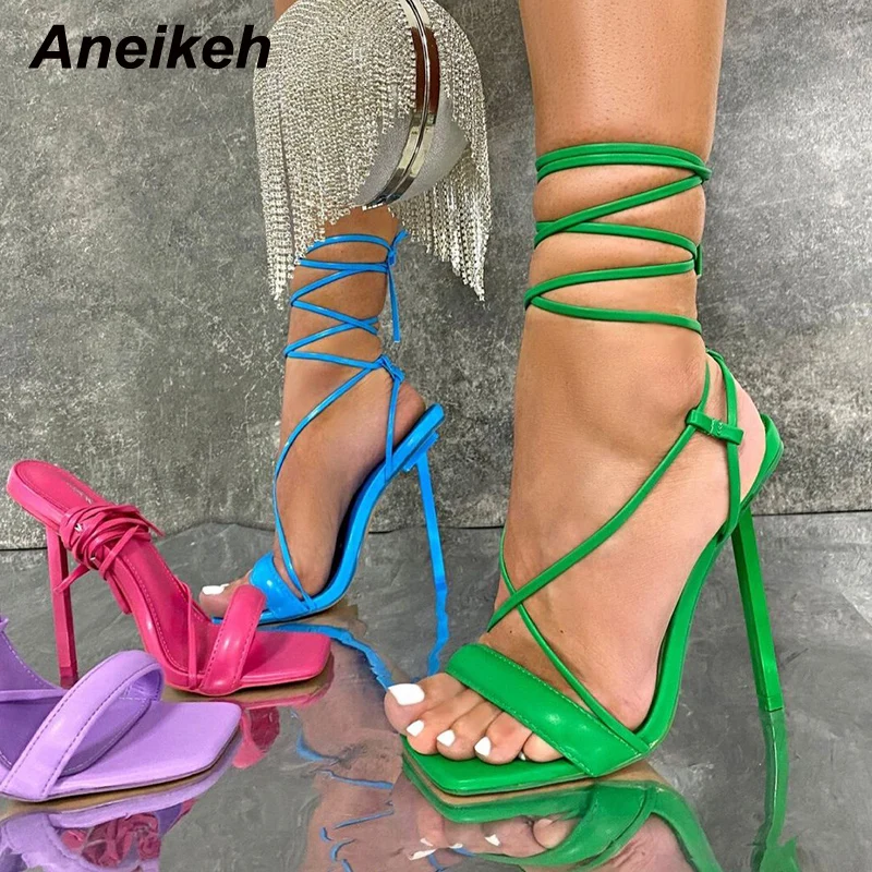 Aneikeh NEW Summer Thin Heel Square Toe Cross-tied Heeled sandals Heel High Heel Sexy Sandals Narrow Band Stripper Shoes Lace-Up