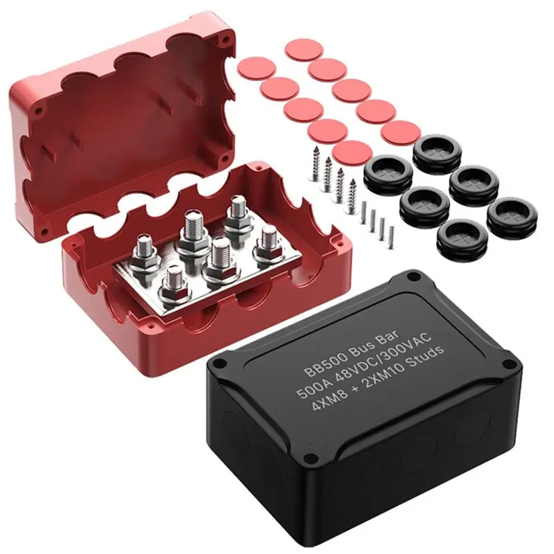 Strict 500A Marine Busbar 48V Automotive Distribution Block High Current 6 Studs With Red Black Cover Yacht Auto Junction Box Du