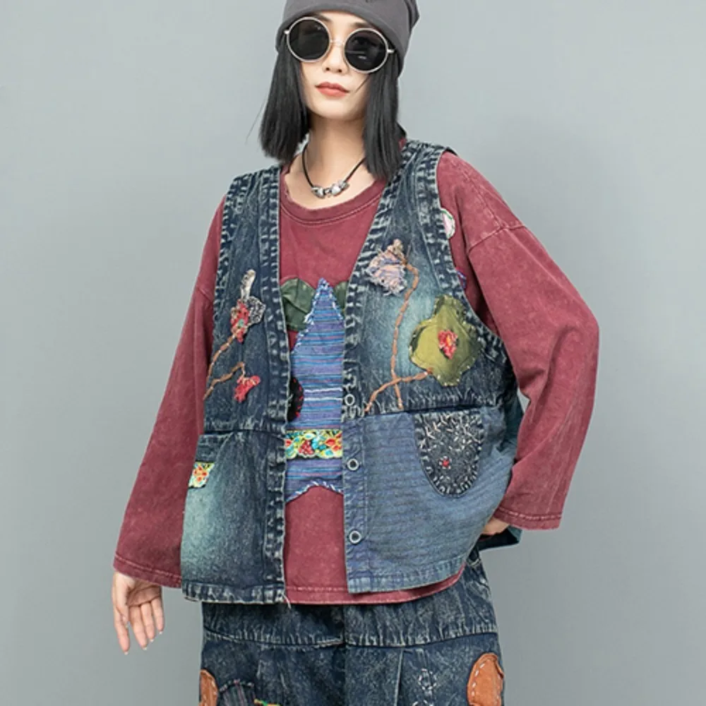 Autumn Heavy Industry Hand Embroidered Cloth Splicing Cardigan Denim Vest Women LX1895