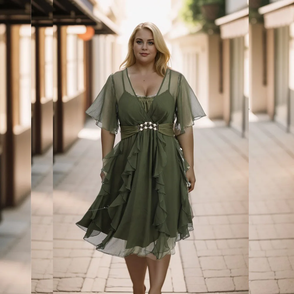 ROSEGAL Plus Size damska wiosenna letnia sukienka ciemnozielony szerokie rękawy marszczona sztuczna perła klamra Casual Dress Vestidos