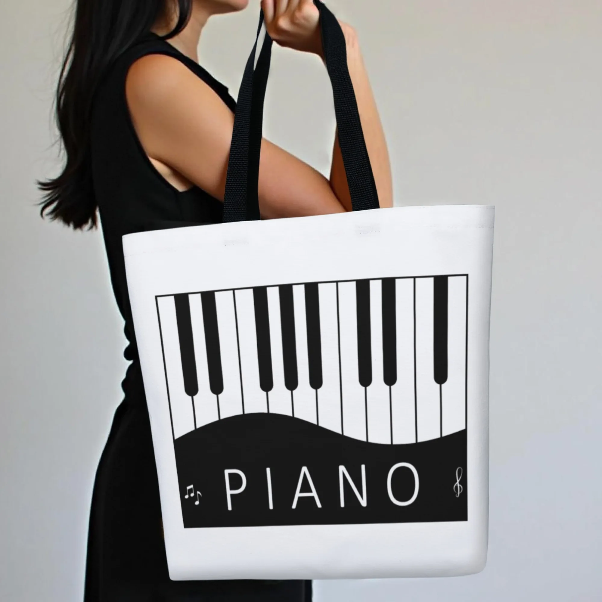 Black White Piano Keyboard Pattern Tote Bag Music Note Print Canvas Reusable Shoulder Bag Daily Shopping Bag for Music Fans