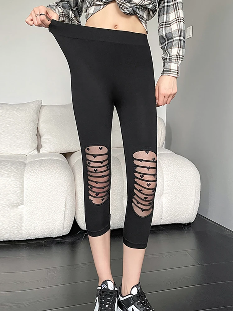 Mallas sexis de malla Capris negros a media pantorrilla amor mallas elásticas para Fitness Jeggings de encaje con lazo Capris deportivos para gimnasio