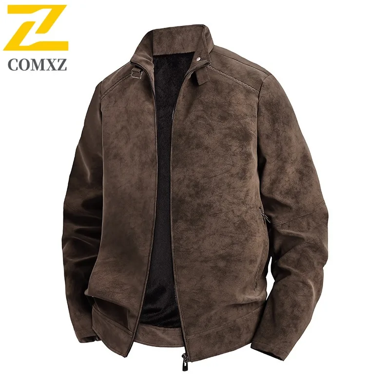 

COMXZ 2025 Men Autumn Stand Collar PU Leather Workwear Biker Jacket American style outdoor sport Leisure lightweight windbreaker