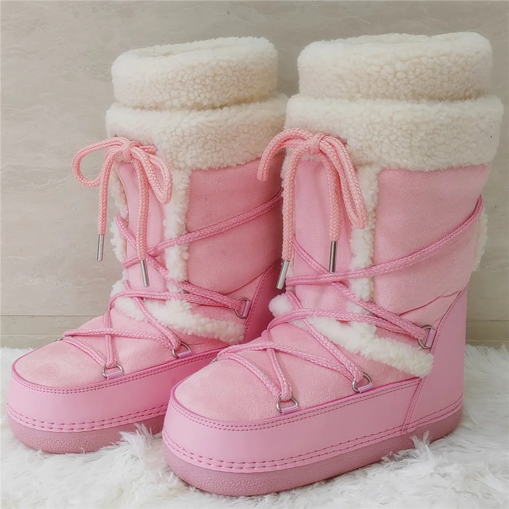 Winter Women Snow Boots y2k Pink Fur Boots for Women Thick Warm Lamb Fleece Cotton Boots Waterproof Platform Mid-calf Ski Boots