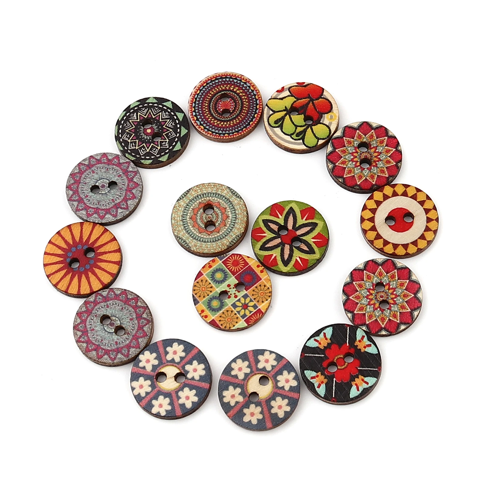 100 PCs Holz Buddhismus Mandala Nähen Tasten Scrapbooking Zwei Löcher Runde Multicolor Blume 20mm 25mm Dia. Für DIY Handwerk Machen