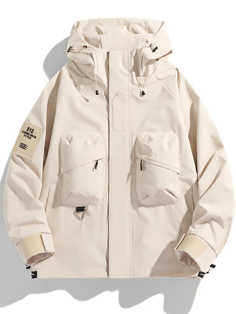 

Men's Beige Hooded Jacket with Multiple Functional Pockets and Brand Patch Detail
