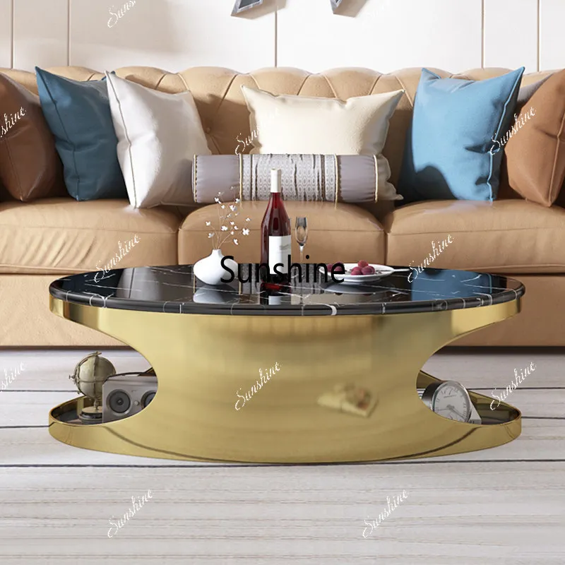 

Oval light luxury marble coffee table stainless steel double storage tea table