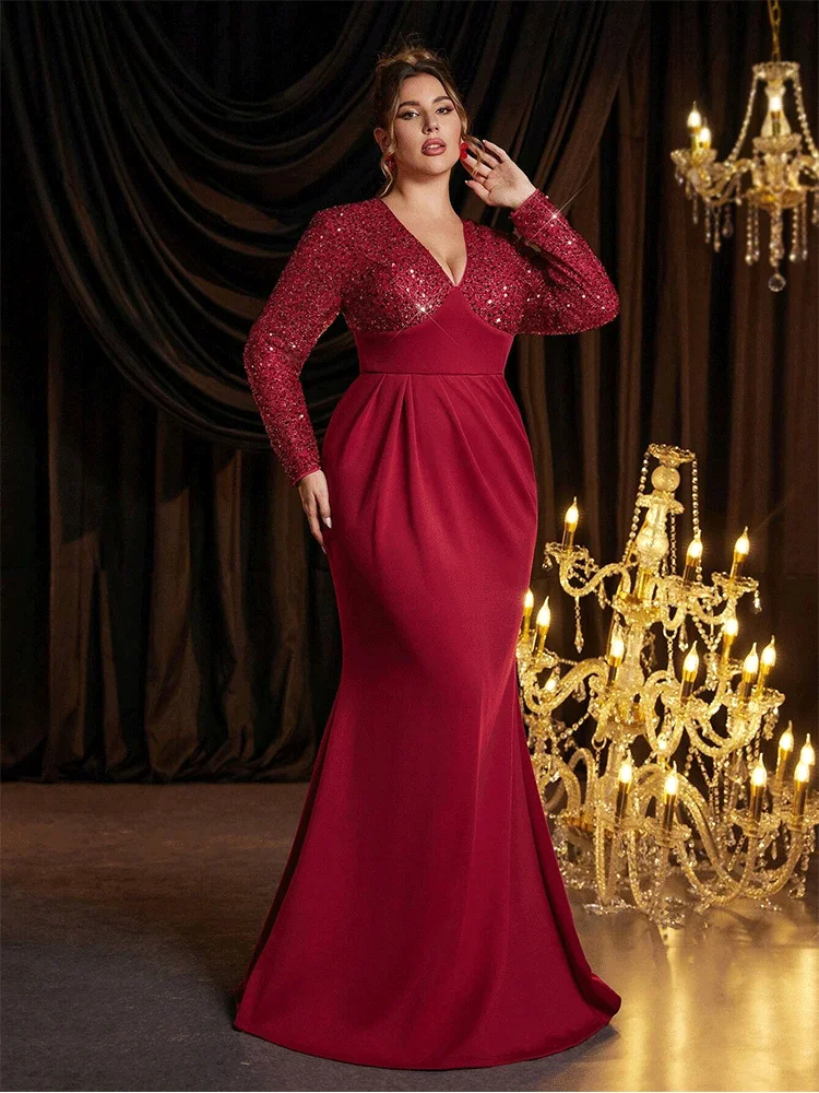 Plus Size V Neck Long Sleeve Luxury Elastic Floor-Length Shining Evening Dress 4xl 5xl Big Size Red Banquet Luxury Prom Gown