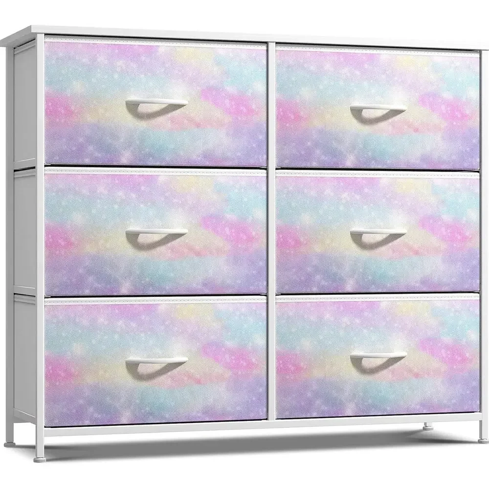 6-Drawer Storage Chest with Wooden Top and Tie-Dye Fabric Bins for Bedroom, Hallway, Nursery, and Closet Organization