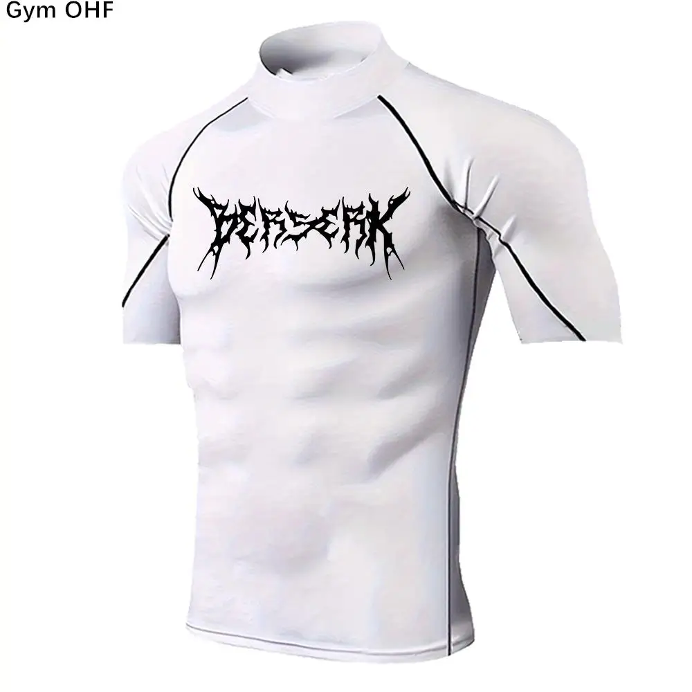 High Neck Men's Compression T-Shirt For Outdoor Training Fitness Gym Jogging Running Tight Elastic Breathable Sweatshirt Anime