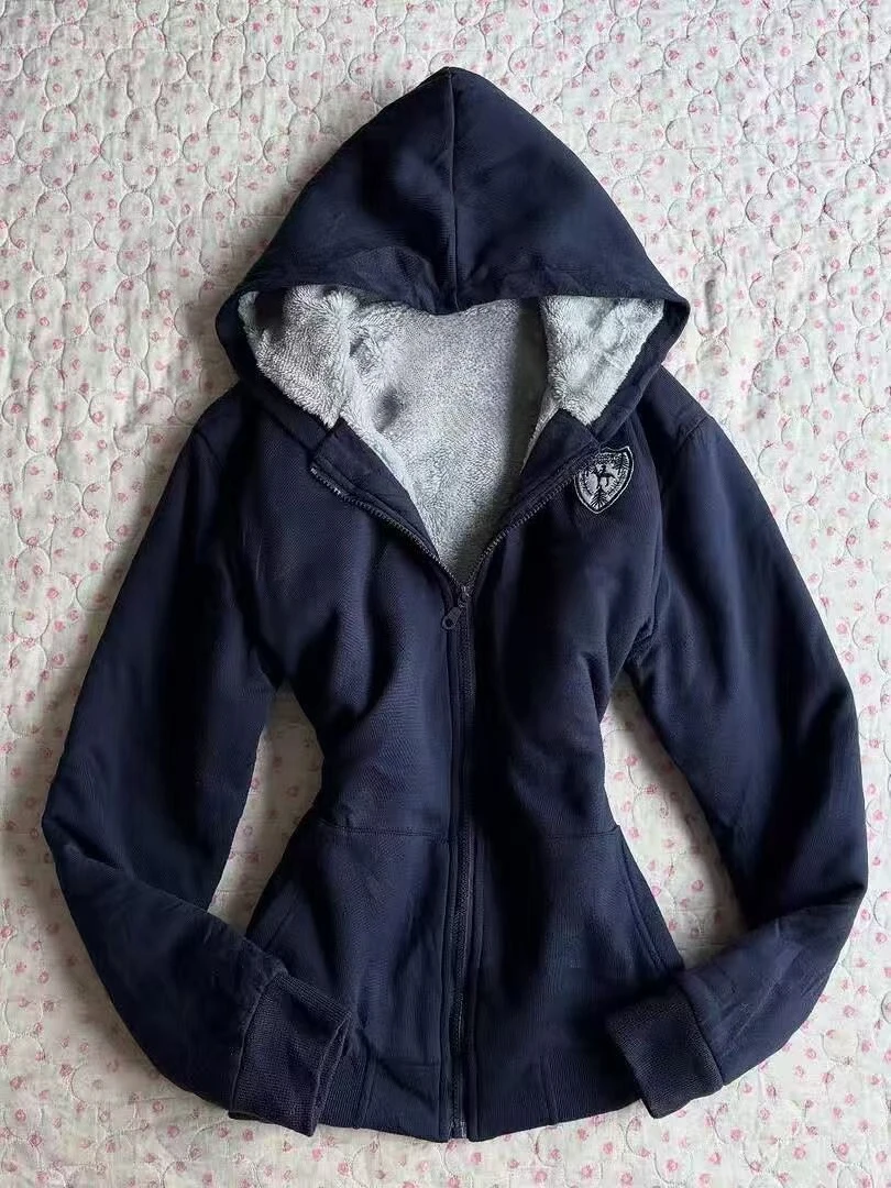 Solid Navy Hooded Zip Up Coat Embroidered Shield Badge Light Fleece Lining Long Sleeve  Hooded Jacket  Autumn Winter Outer Layer