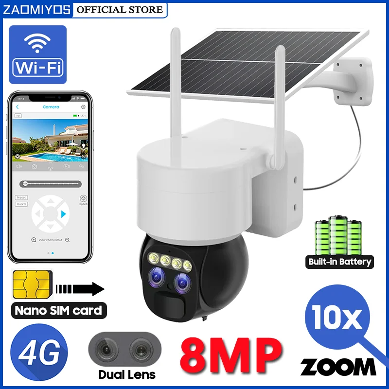 

ZAOMIYOS 8MP 4K 4G SIM Solar Camera 360 PZT Outdoor 10X Zoom Dual Lens Surveillance Waterproof WIFI Security Night Vision IP Cam