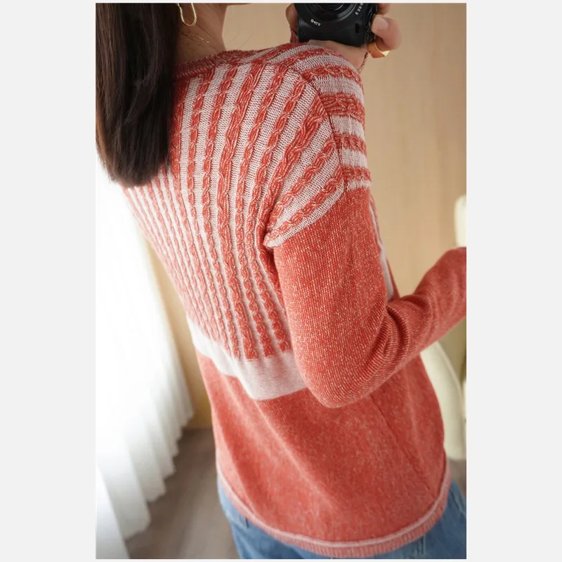 Cotton Knitted Sweater Women's Pullover 2022 Spring Autumn Loose Striped Low Round Neck Long Sleeve Comfortable Bottoming Tops