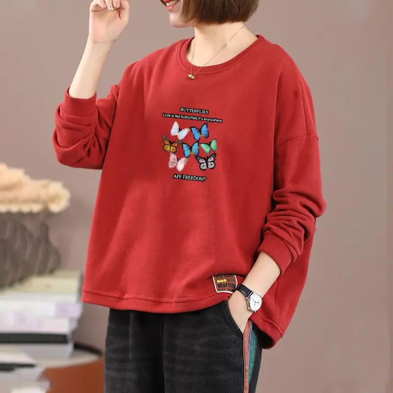 Autunno Nuovo Top T-shirt da donna Versatile girocollo Camicia a maniche lunghe Allentato Letterario Casual Stampato Felpa elegante