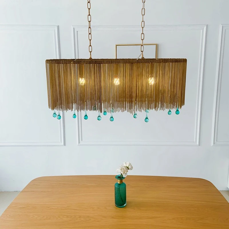 French Retro Dining Room Chain Water Drop Long Dining Table Chandelier American Creative Bar Romantic Decoration Pendant Light