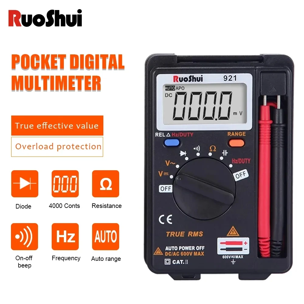 RuoShui 921 Mini Digital Multimeter 4000 Counts Auto Range Resistance Tranistor Capacitance Tester Ammeter Belt Foldable Meter