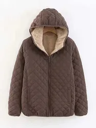 2024 nuove donne cappotto invernale in cotone Casual sciolto con cappuccio giacche imbottite in velluto agnello lana imbottita parka Plaid ispessimento soprabito