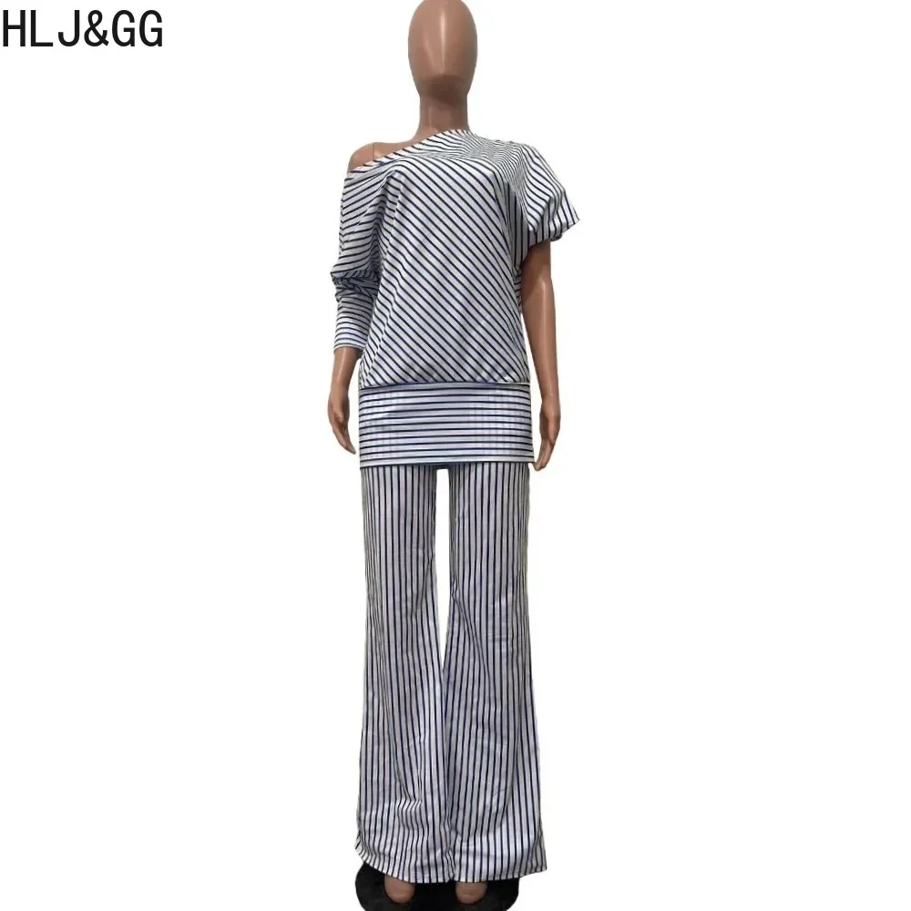 HLJ&GG Elegant Office Lady Stripe Print Two Piece Set Outfits Women One Shoulder Short Sleeve Top And Pants Female 2pcs Clothing