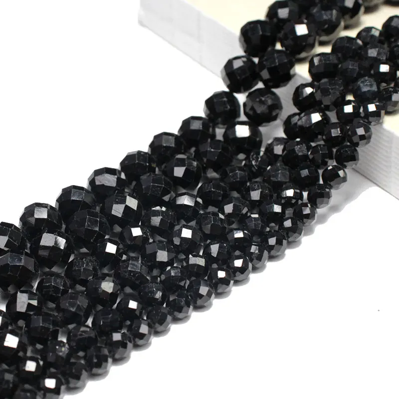 Fine 100% Natural Stone Faceted  Black Tourmaline Round Gemstone Spacer Beads For Jewelry Making  DIY Bracelet Necklace 6/8/10MM