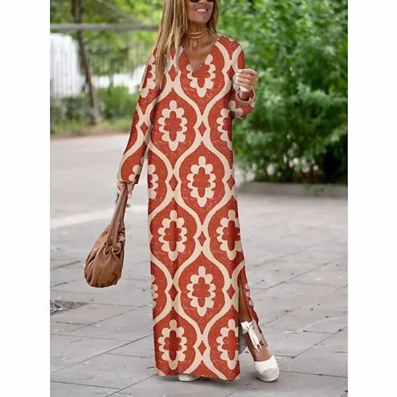 Spring Summer Autumn Printed Long Sleeve V-Neck Dress Women