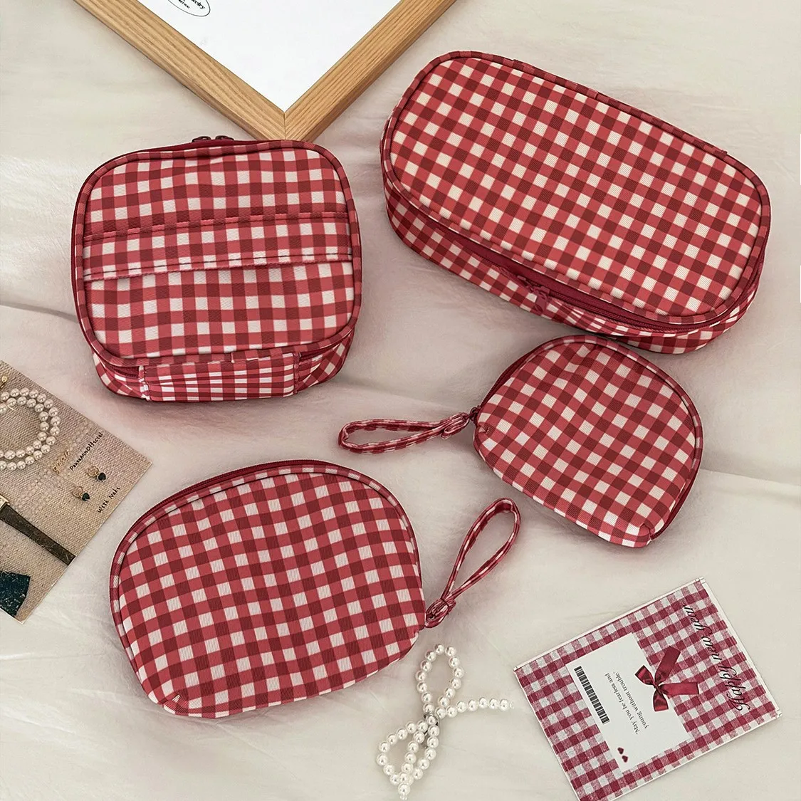 Plaid Cosmetic Bag, Minimalist Color Block Travel Toiletry Bag, New Grid Pattern Large Capacity Portable Storage Makeup Bag