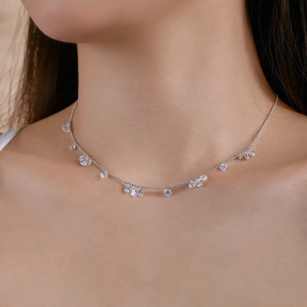 

CCFJOYAS 925 Sterling Silver Irregular Round Mini Zircon Necklace Japanese and Korean Fashion Light Luxury Collarbone Chain