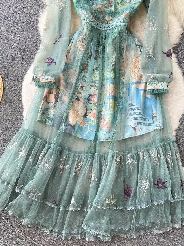 Moda estate volant maglia fiore ricamo abito donna stand manica lunga stampa cartone animato patchwork verde tulle abiti da festa