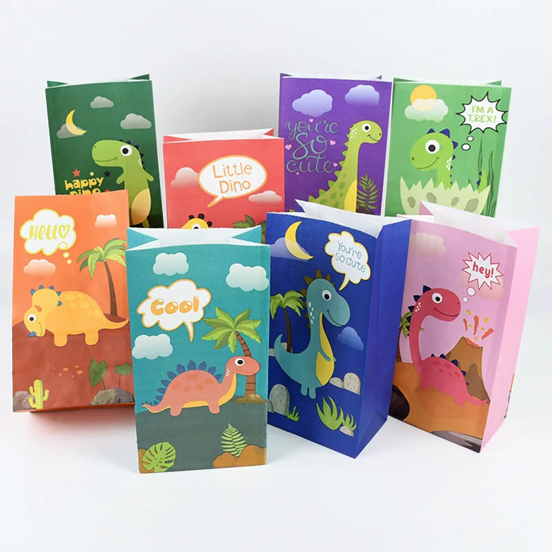 12Pcs Cartoon Dinosaur Candy Bags With Stickers Cookies Gifts Packaging Paper Bags For Kids Dino Theme Birthday Party Decoration