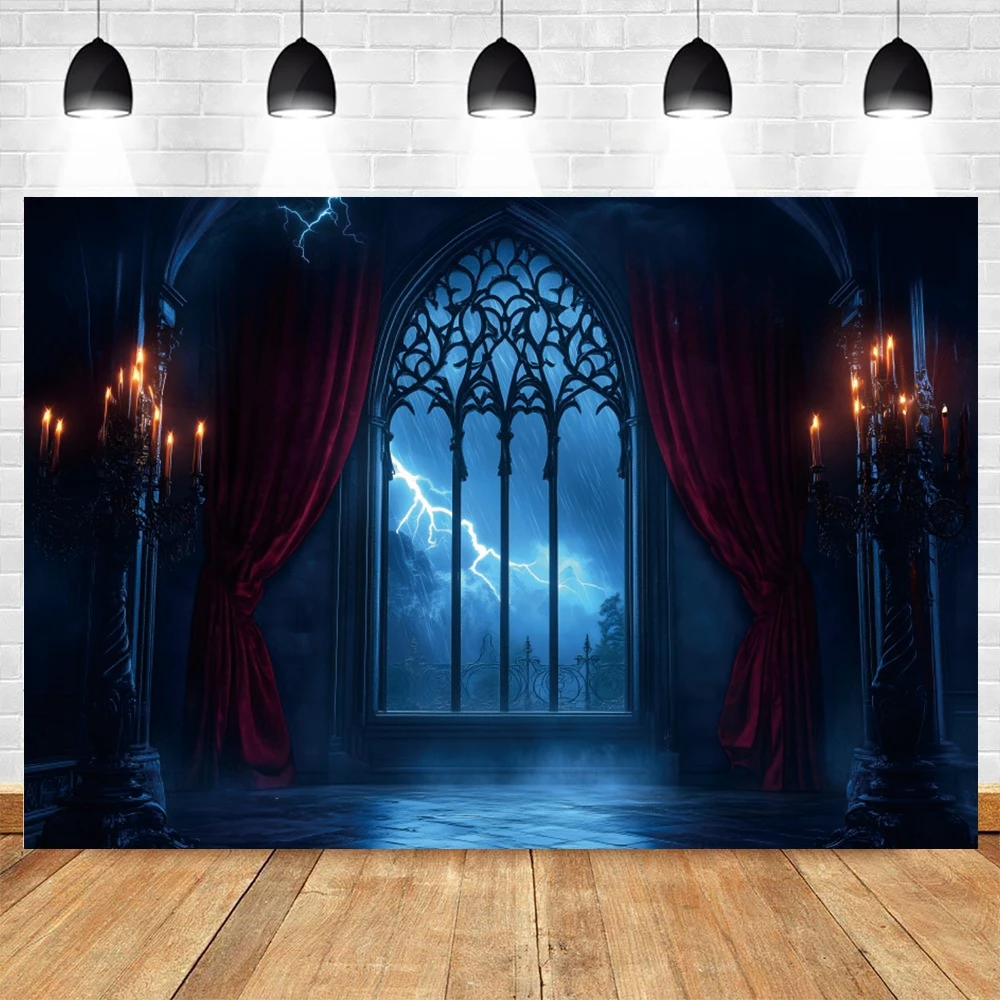 Gothic Vampire Medieval Castle Backdrop Scary Rainy Night Lightning Halloween Party Decor Photography Background Photo Props