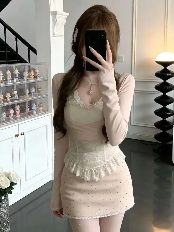Pure Desire Sweet Lace Neck Hanging Three-Piece Set Short Skirt And Open Cardigan Top for Small Women Spring Autumn Fashion