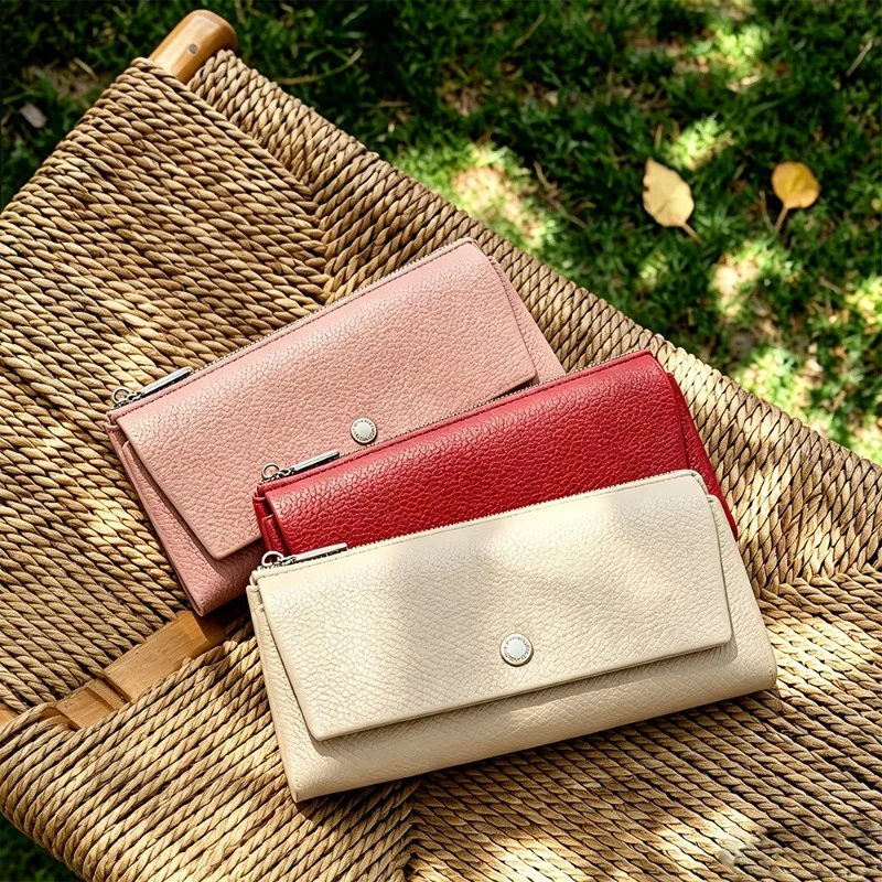 New Lychee Pattern Three Fold Women's Wallet Women's High-end Soft Surface Buckle Card Bag Hand-held Bag Fashionable Long Wallet