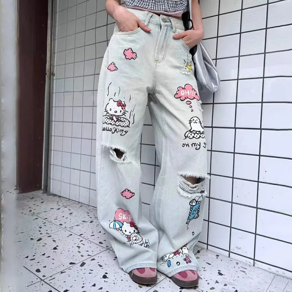 

Y2K Hello Kitty женские джинсы аниме Sanrios Kawaii винтажные брюки в американском стиле весна осень тренд с высокой талией свободные брюки для мытья полов