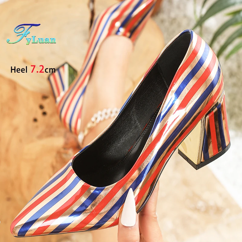 7CM Block Heel Spring Women Shoes Color Stripes Pointed Toe Single Shoes 2025 Fashion Female Outdoor High Heels Pumps Rozmiar 45 46