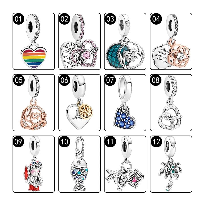 Silver 925 Pendants Charms For Women Bracelets DIY Pride Mum Heart Rose Family Tree Pretzel Peking Opera Doll Fish Palm Coconuts