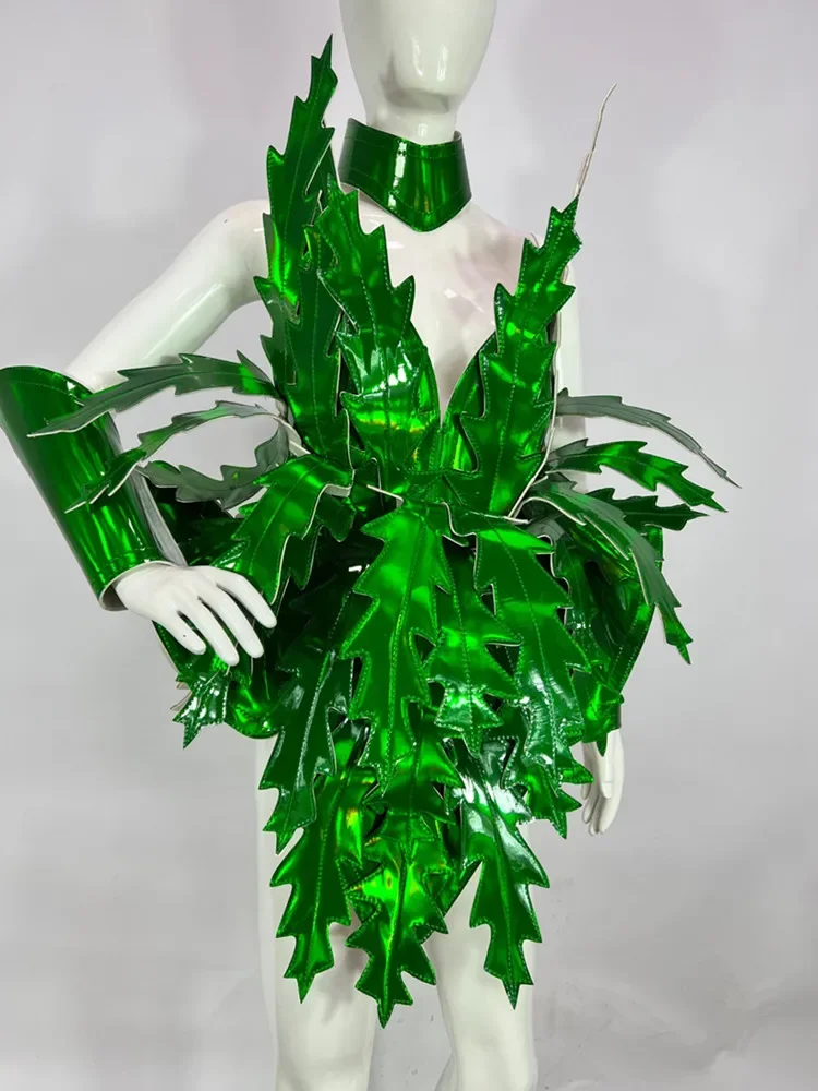 Grünes Laserblatt-Bühnenkostüm, übertriebene Performance-Kleidung, Nachtclub, Karneval, Rave-Outfit, Baum, Cosplay, Drag Queen-Kleidung